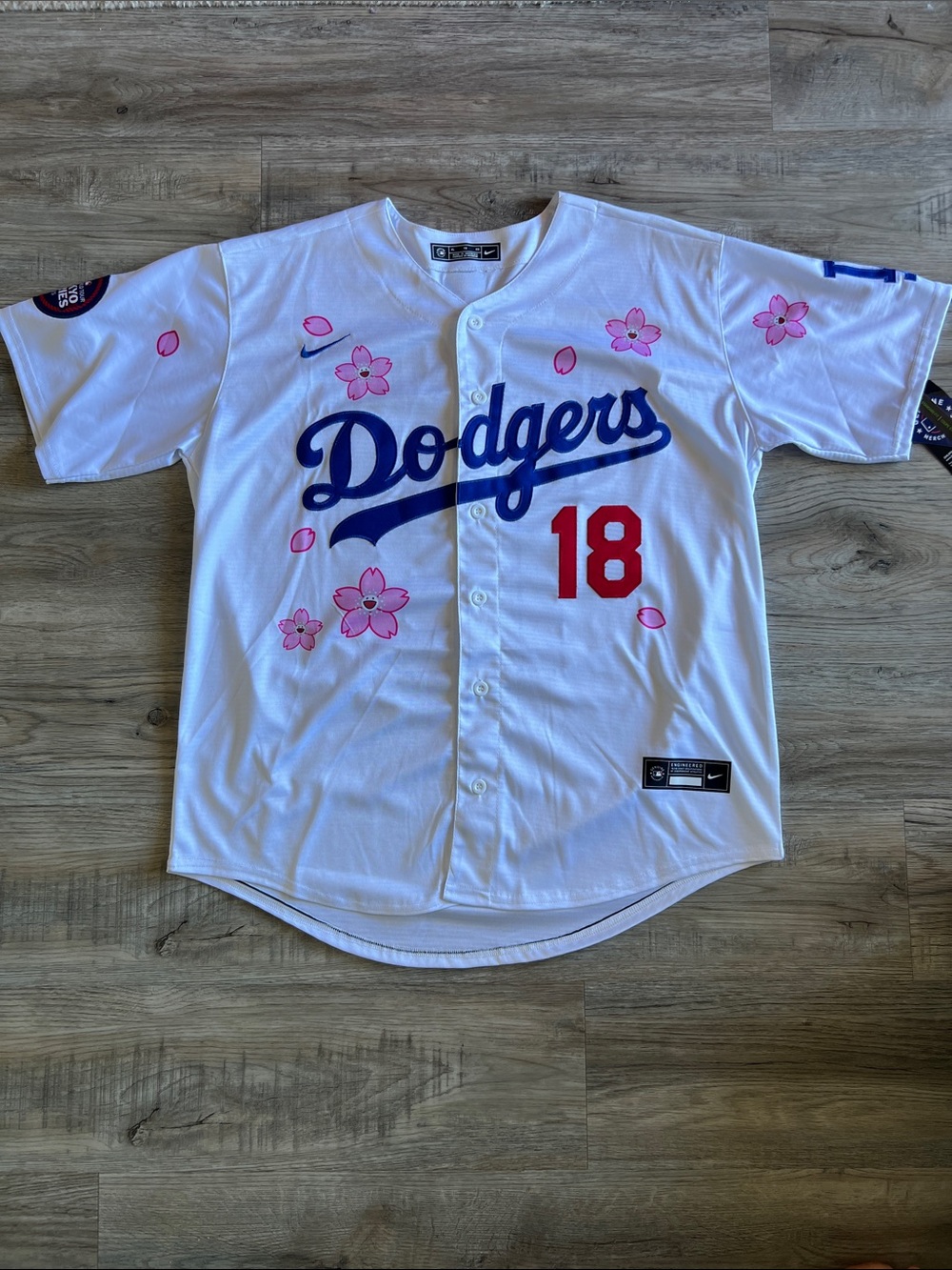 Nike Dodgers Cherry Blossom Button-Up Jersey - White/Pink/Blue/Red